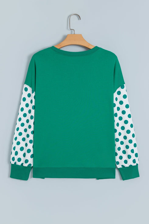 Polka Dot Patchwork Sleeve Crew Neck Loose Pullover Sweatshirt