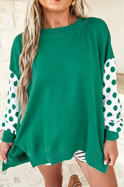 Polka Dot Patchwork Sleeve Crew Neck Loose Pullover Sweatshirt