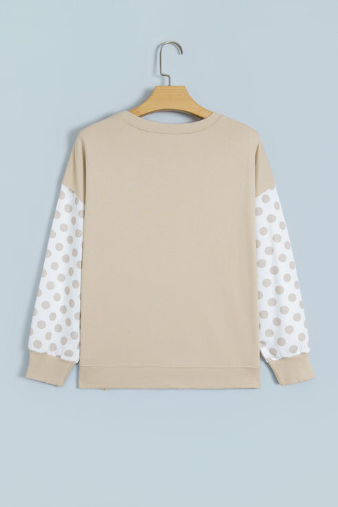 Polka Dot Patchwork Sleeve Crew Neck Loose Pullover Sweatshirt