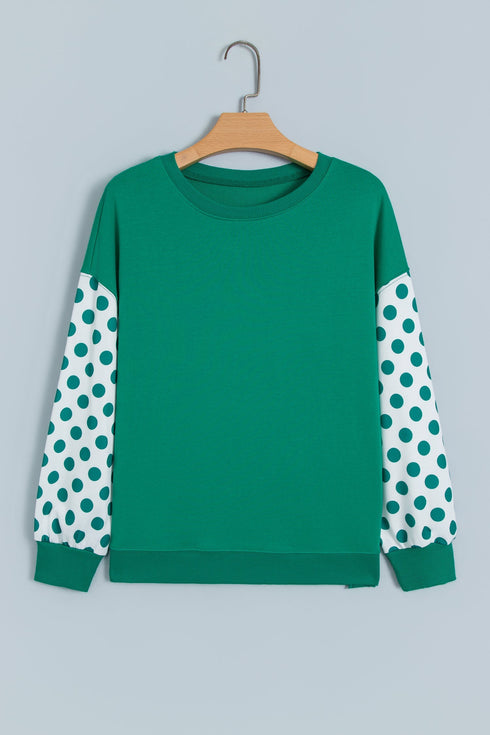 Polka Dot Patchwork Sleeve Crew Neck Loose Pullover Sweatshirt