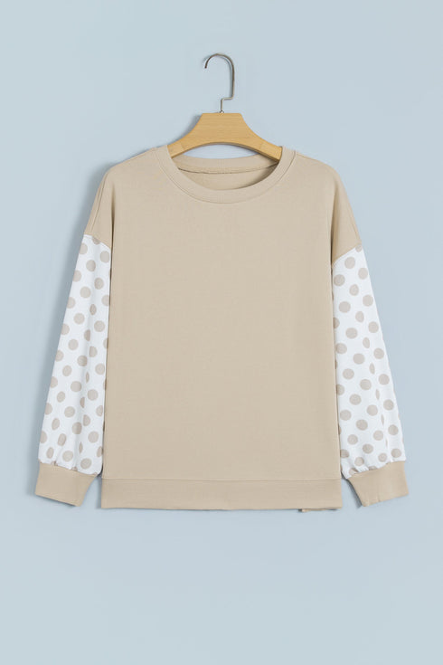 Polka Dot Patchwork Sleeve Crew Neck Loose Pullover Sweatshirt