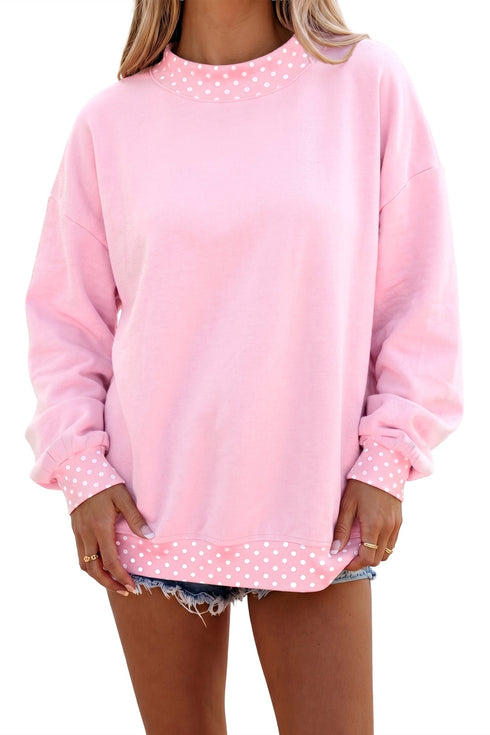 Polka Dot Patchwork Trim Mock Neck Oversized Sweatshirt