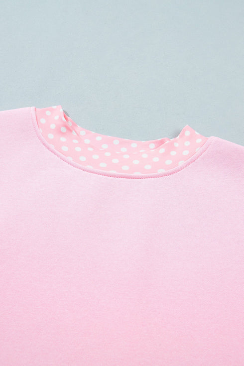 Polka Dot Patchwork Trim Mock Neck Oversized Sweatshirt
