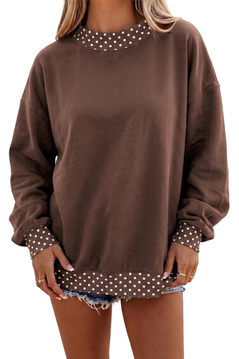Polka Dot Patchwork Trim Mock Neck Oversized Sweatshirt