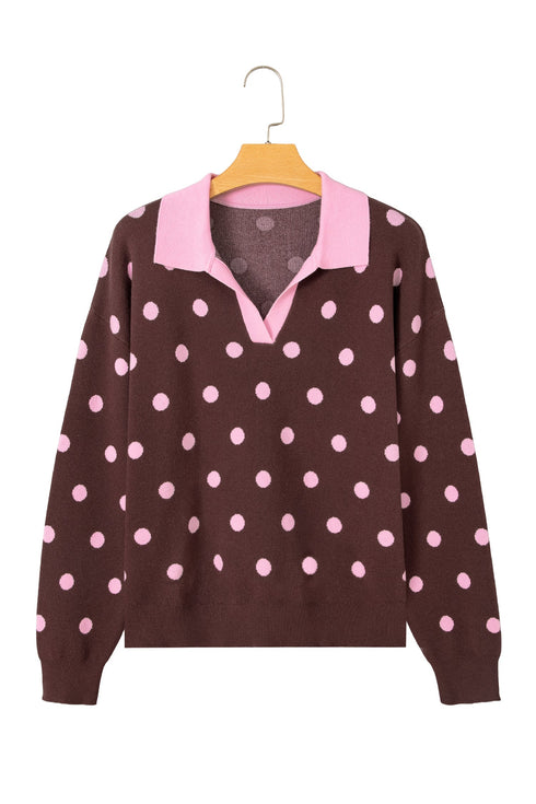 Polka Dot Pattern Collared Loose Pullover Sweater