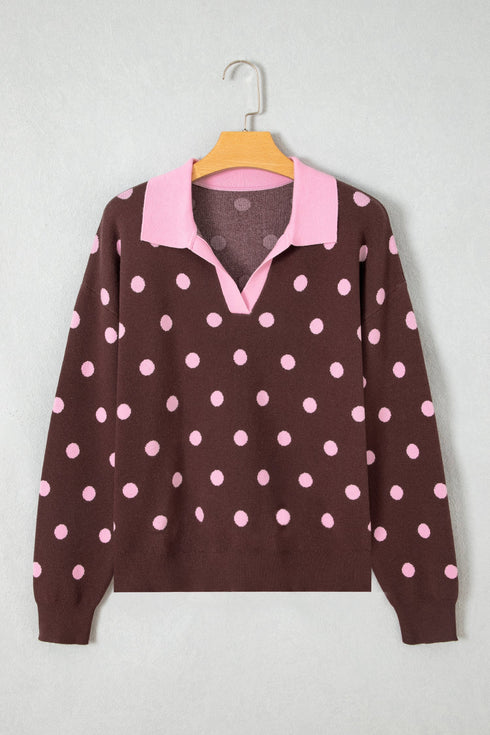 Polka Dot Pattern Collared Loose Pullover Sweater
