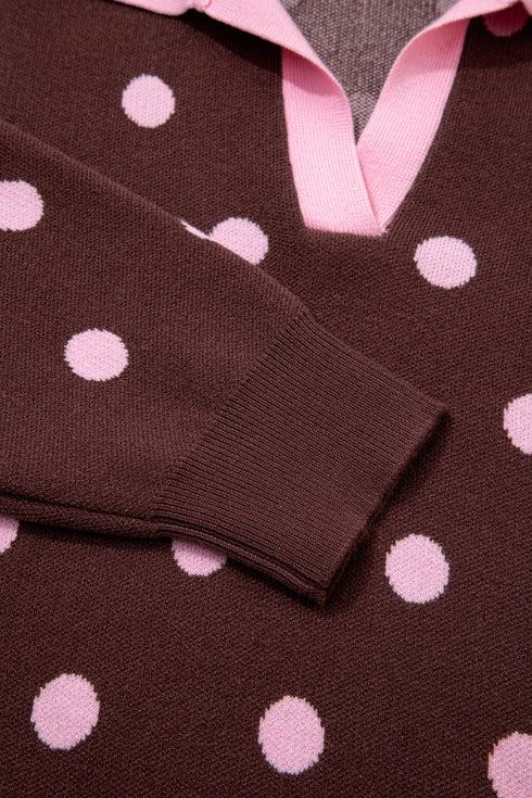 Polka Dot Pattern Collared Loose Pullover Sweater