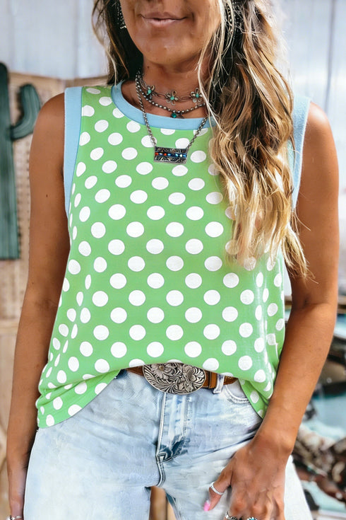 Polka Dot Pattern Trim Round Neck Loose Tank Top