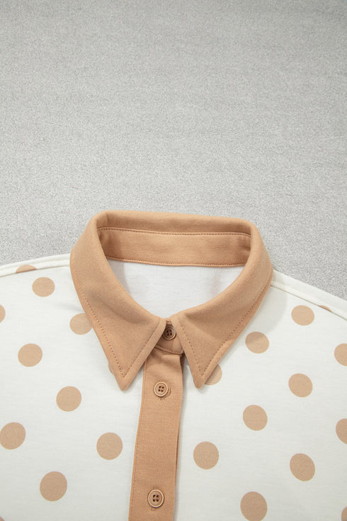 Polka Dot Polo Collar Drop Shoulder Pullover Short Set