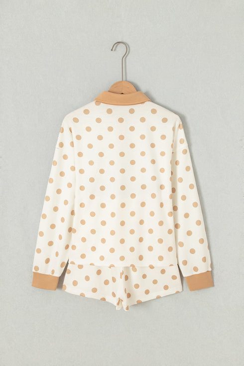Polka Dot Polo Collar Drop Shoulder Pullover Short Set