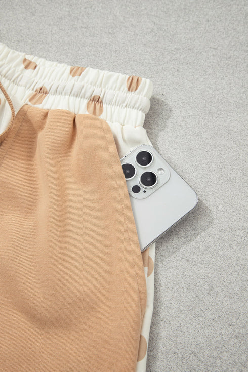 Polka Dot Polo Collar Drop Shoulder Pullover Short Set