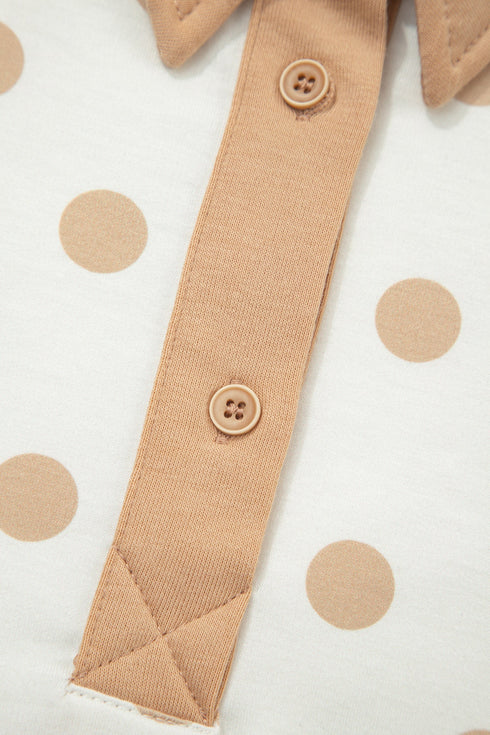 Polka Dot Polo Collar Drop Shoulder Pullover Short Set