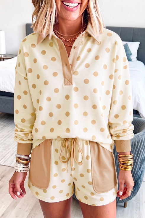 Polka Dot Polo Collar Drop Shoulder Pullover Short Set
