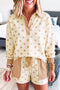 Polka Dot Polo Collar Drop Shoulder Pullover Short Set
