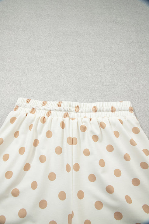 Polka Dot Polo Collar Drop Shoulder Pullover Short Set