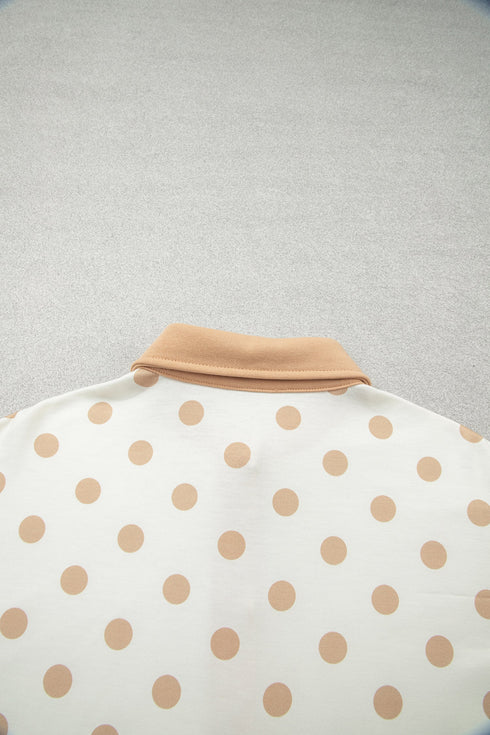 Polka Dot Polo Collar Drop Shoulder Pullover Short Set