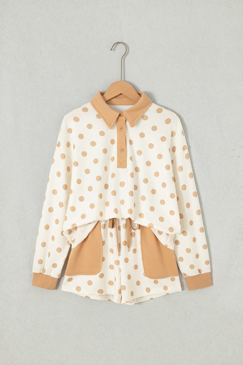Polka Dot Polo Collar Drop Shoulder Pullover Short Set