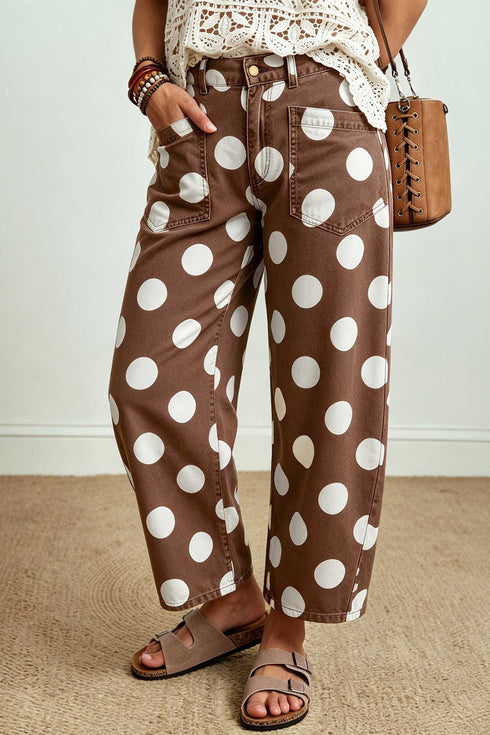 Polka Dot Print Ankle Length Cotton Barrel Denim Jeans