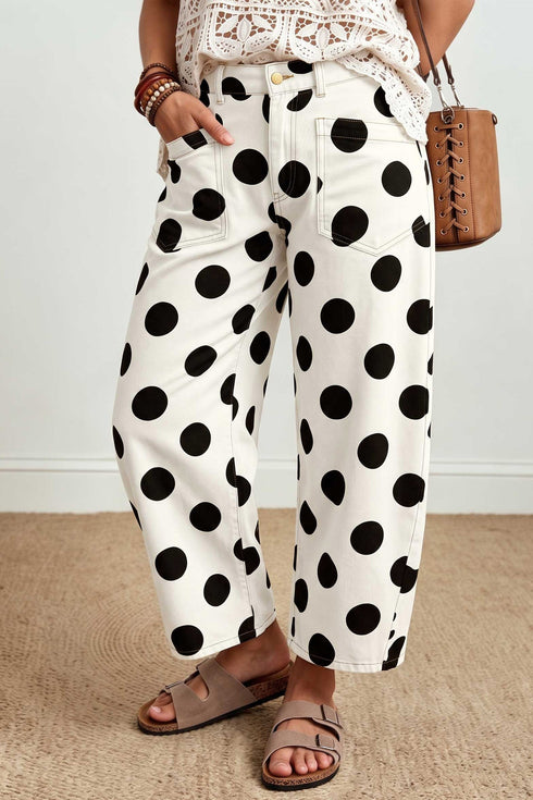 Polka Dot Print Ankle Length Cotton Barrel Denim Jeans