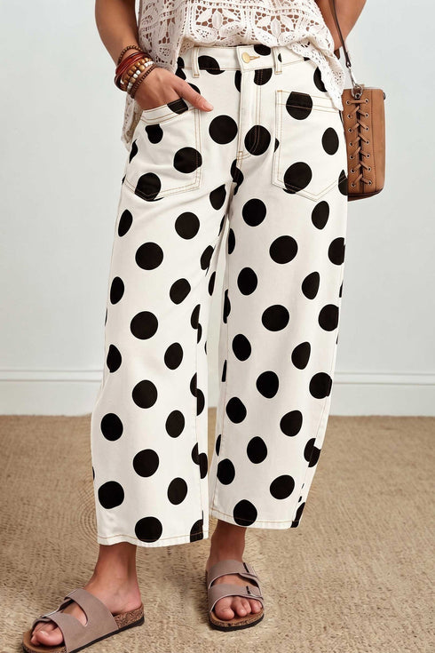 Polka Dot Print Ankle Length Cotton Barrel Denim Jeans