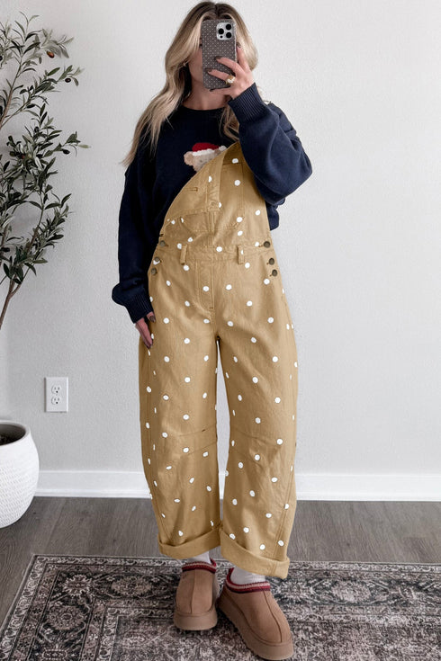Polka Dot Print Bib Pocket Denim Barrel Overalls Jumpsuit