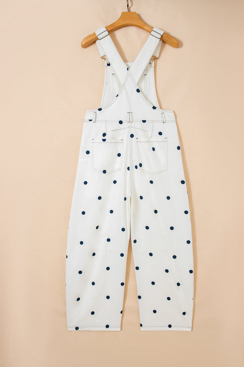 Polka Dot Print Bib Pocket Denim Barrel Overalls Jumpsuit