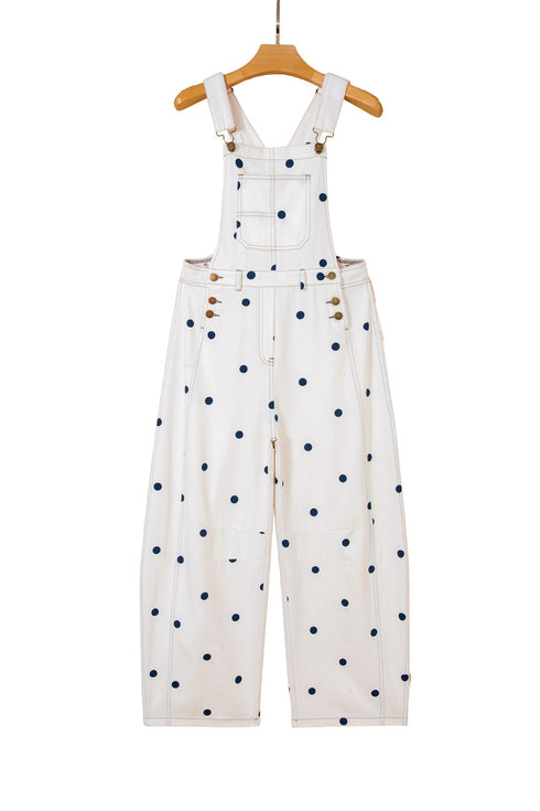 Polka Dot Print Bib Pocket Denim Barrel Overalls Jumpsuit
