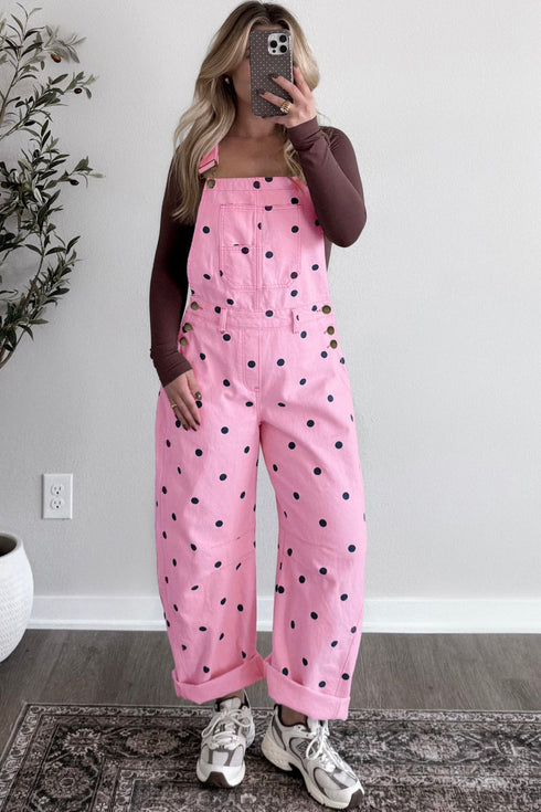 Polka Dot Print Bib Pocket Denim Barrel Overalls Jumpsuit