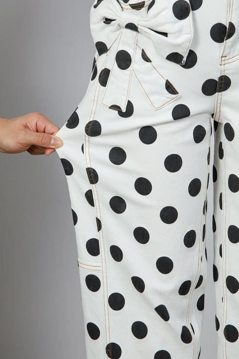 Polka Dot Print Bow Detail Pocketed Denim Jeans
