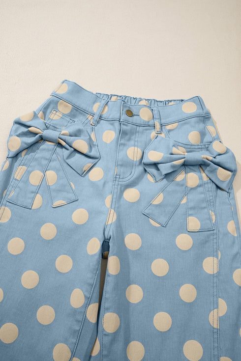 Polka Dot Print Bow Detail Pocketed Denim Jeans