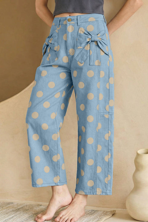 Polka Dot Print Bow Detail Pocketed Denim Jeans