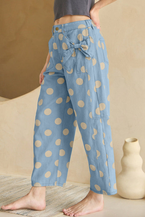 Polka Dot Print Bow Detail Pocketed Denim Jeans