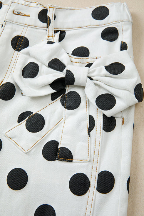 Polka Dot Print Bow Detail Pocketed Denim Jeans