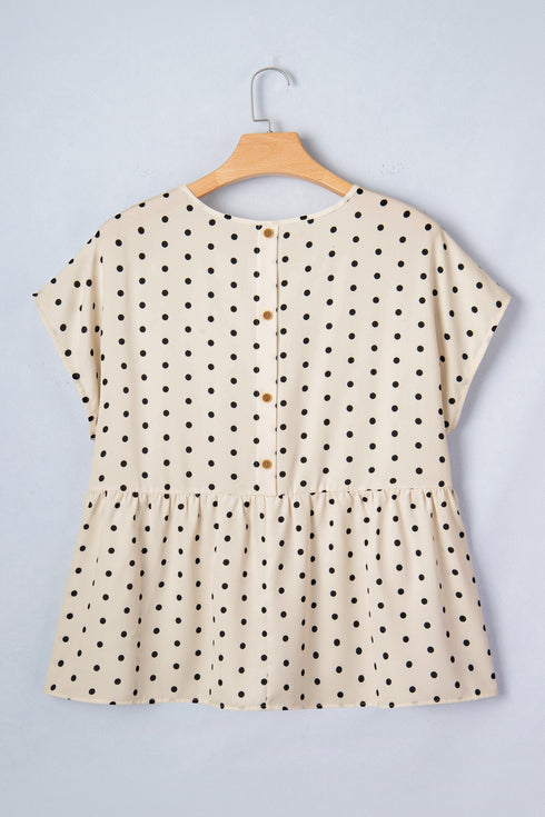 Polka Dot Print Button Detail Short Sleeve Babydoll Blouse