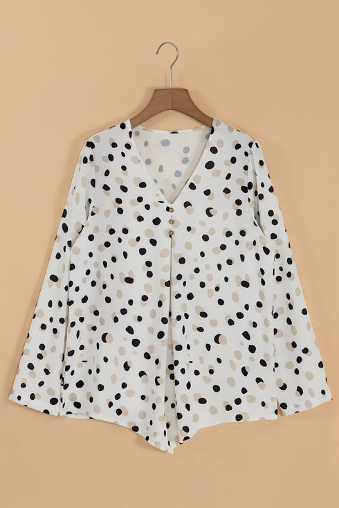 Polka Dot Print Button Front Long Sleeve Blouse