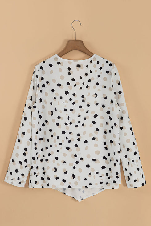 Polka Dot Print Button Front Long Sleeve Blouse