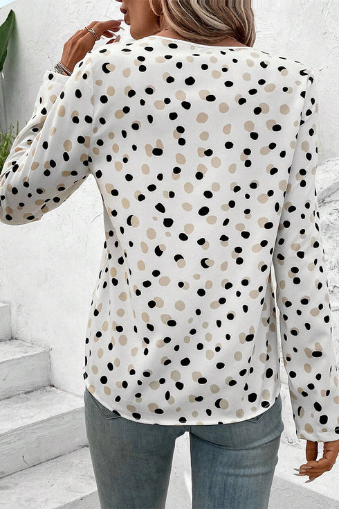 Polka Dot Print Button Front Long Sleeve Blouse