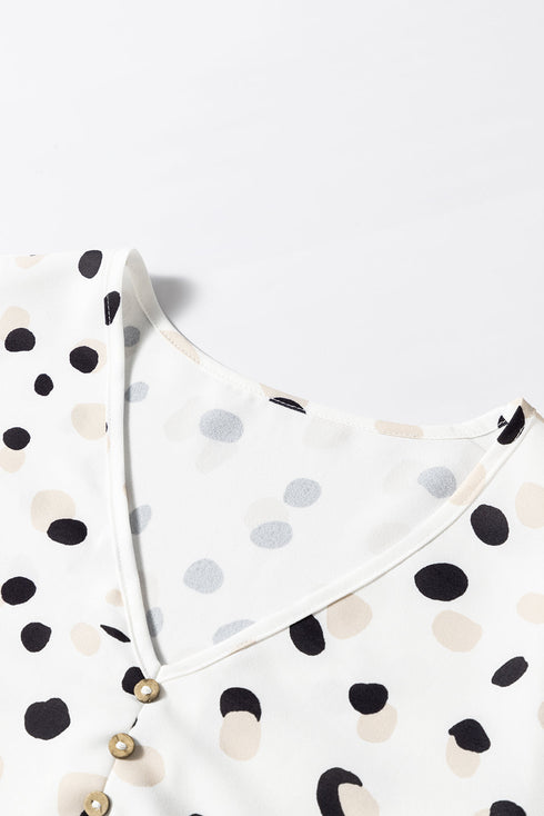 Polka Dot Print Button Front Long Sleeve Blouse