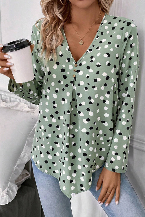 Polka Dot Print Button Front Long Sleeve Blouse