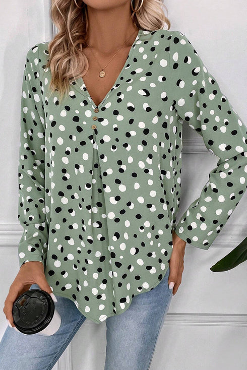 Polka Dot Print Button Front Long Sleeve Blouse