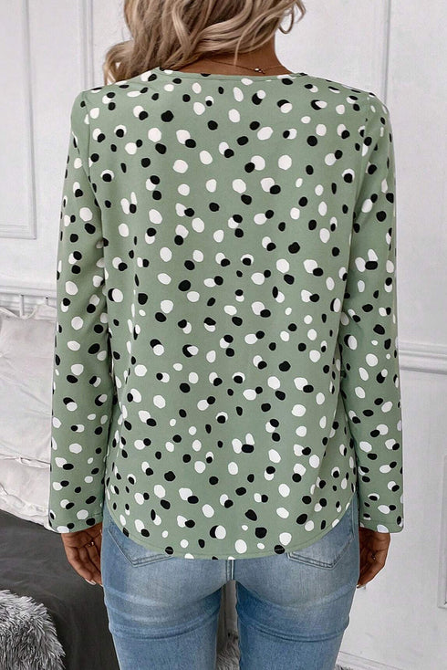 Polka Dot Print Button Front Long Sleeve Blouse