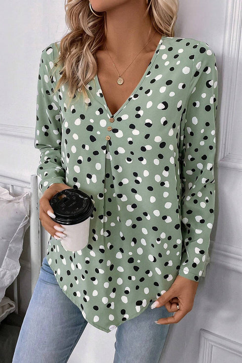 Polka Dot Print Button Front Long Sleeve Blouse