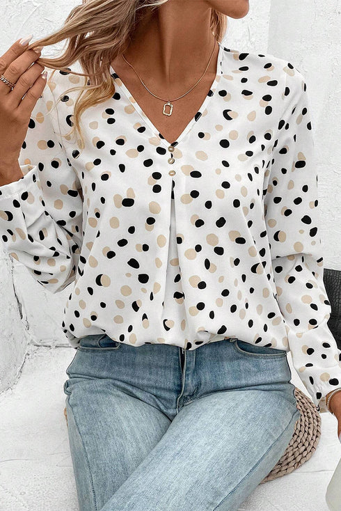 Polka Dot Print Button Front Long Sleeve Blouse