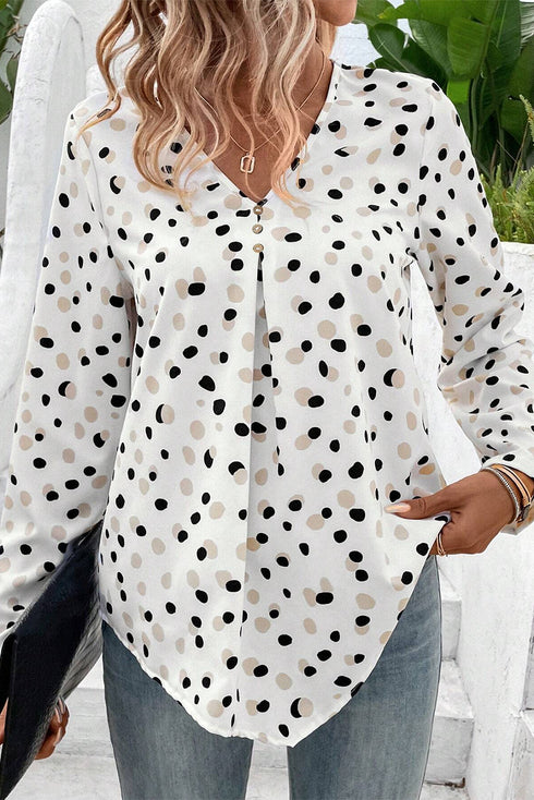 Polka Dot Print Button Front Long Sleeve Blouse