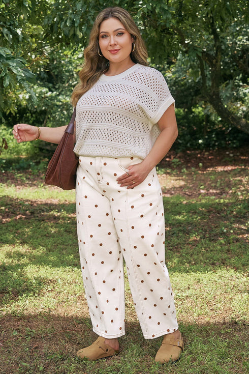 Polka Dot Print Cotton Blend Denim Barrel Jeans