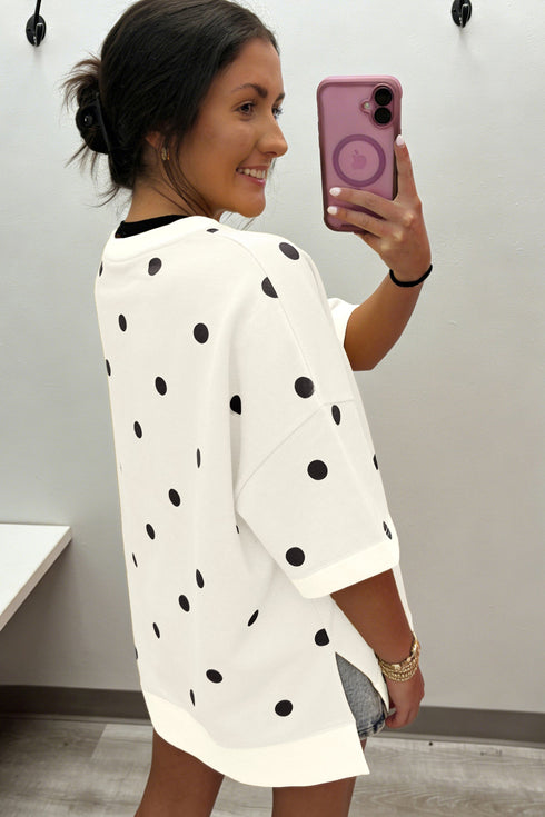 Polka Dot Print Crossed Seam Detail Oversized Tee