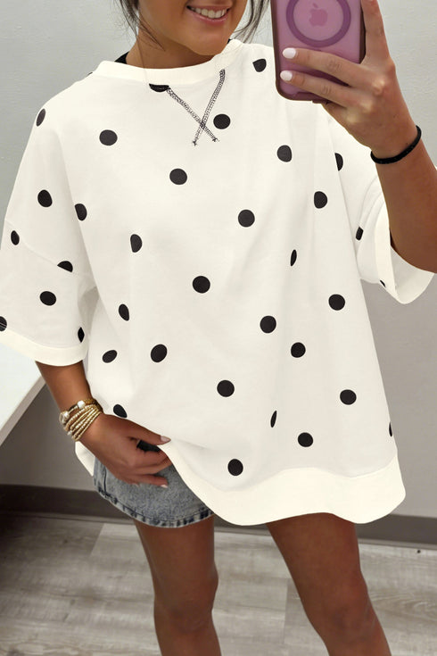 Polka Dot Print Crossed Seam Detail Oversized Tee