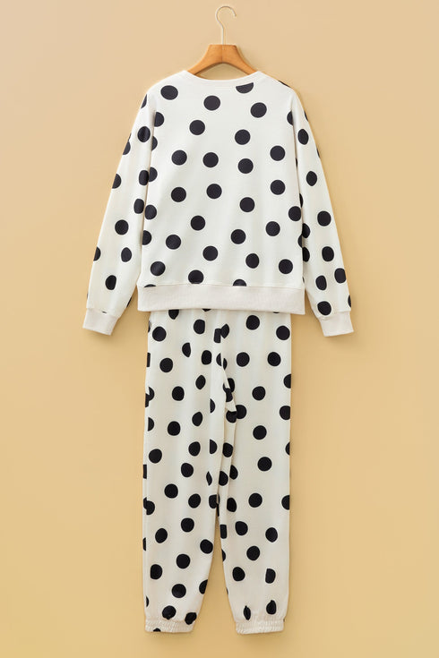 Polka Dot Print Drop Shoulder Drawstring Jogger Pant Set