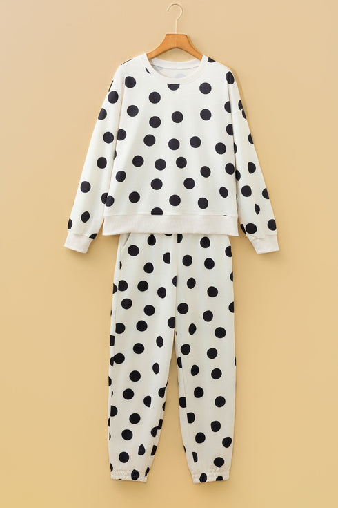 Polka Dot Print Drop Shoulder Drawstring Jogger Pant Set