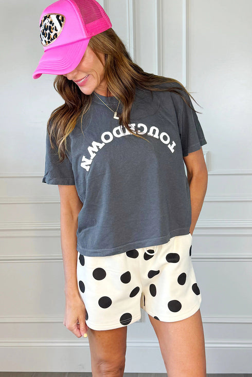 Polka Dot Print Drop Shoulder Pullover Drawstring Short Set